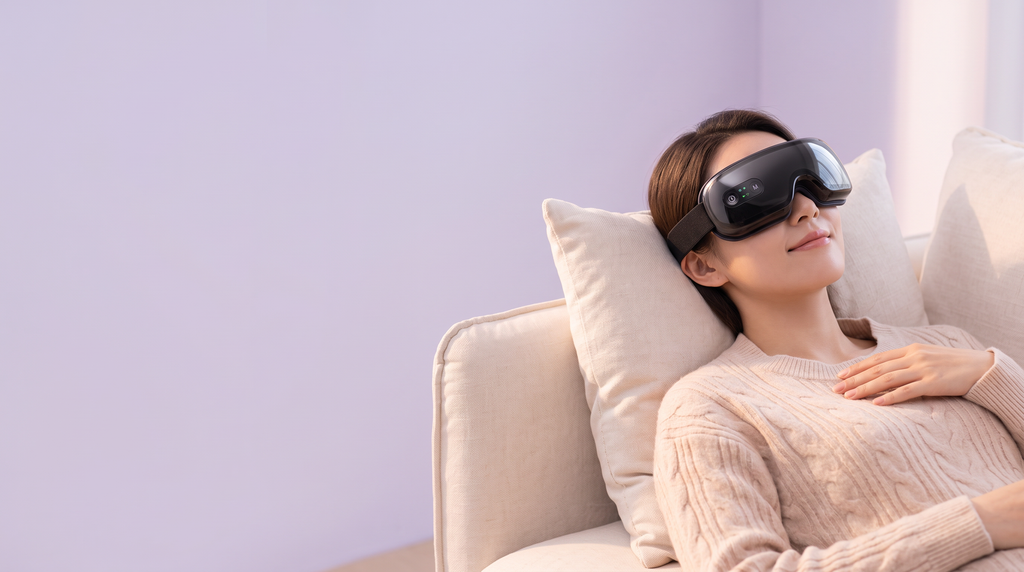 Woman relaxing on a sofa wearing the Lidly eye massager